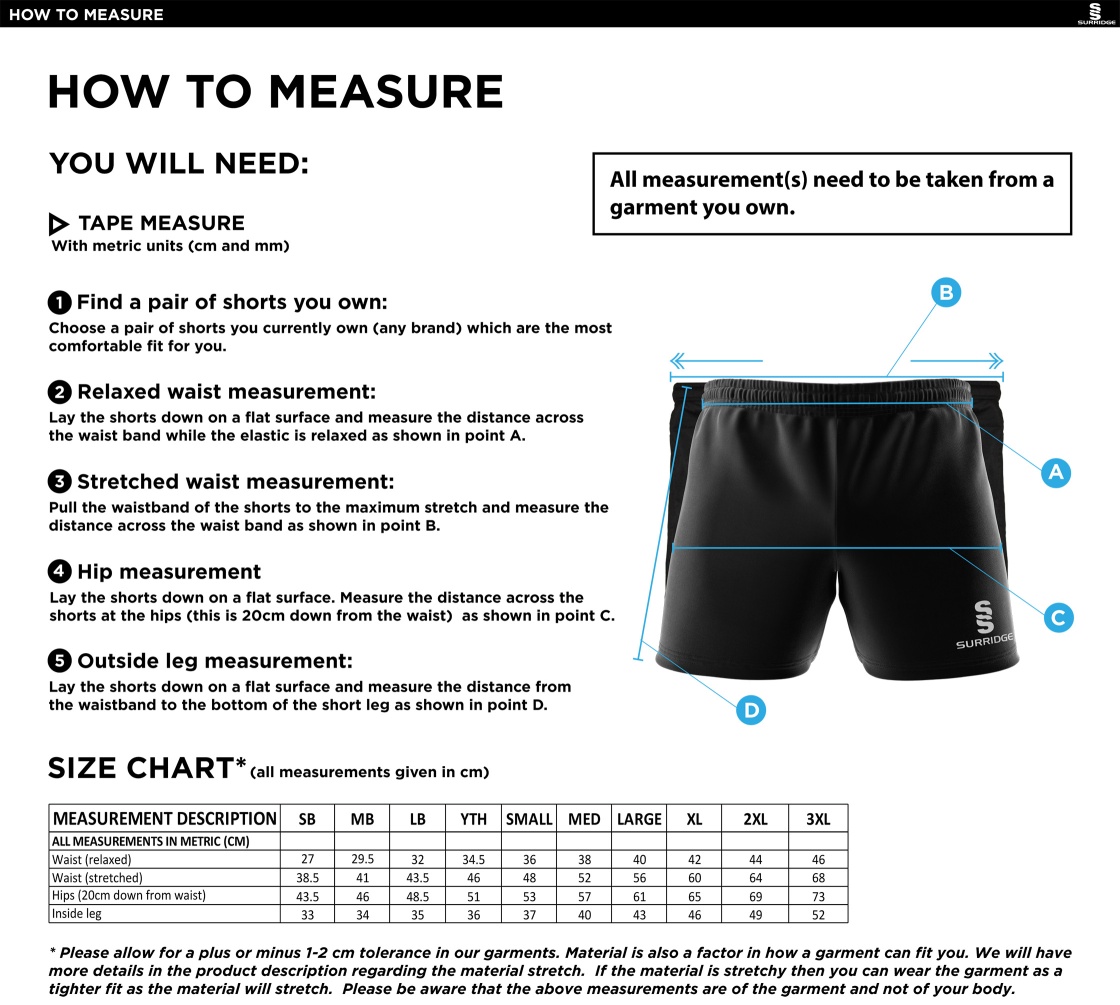 Robertsbridge CC - Performance Gym Short - Size Guide