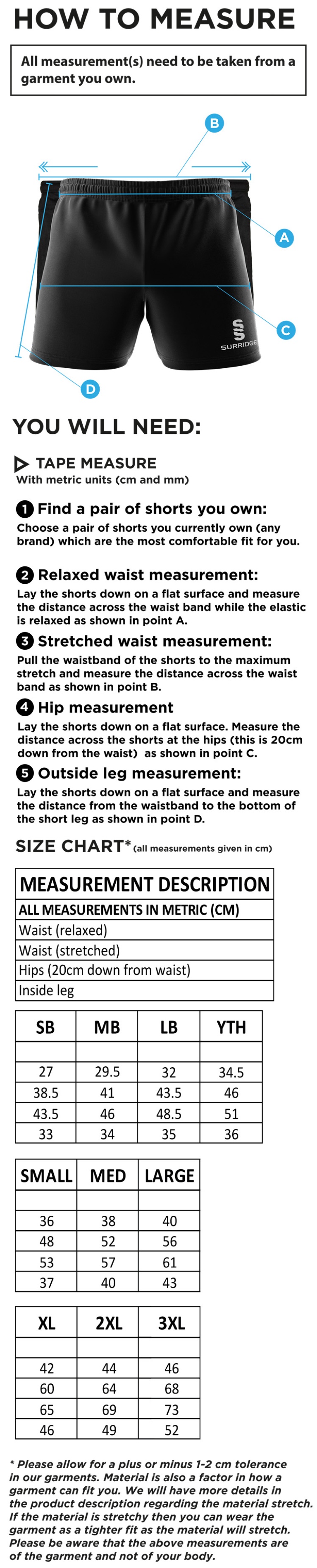 Robertsbridge CC - Performance Gym Short - Size Guide