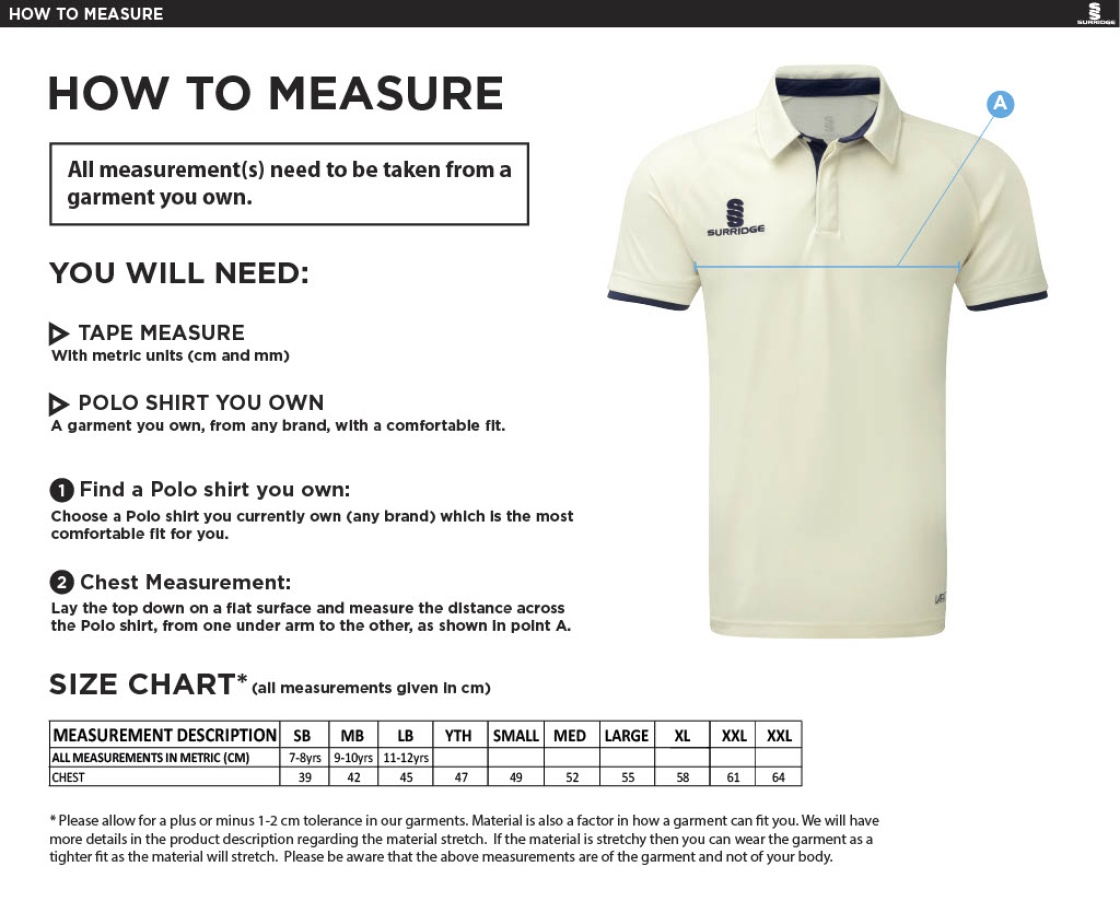 Robertsbridge CC - Short Sleeved Dual Cricket Shirt - Size Guide