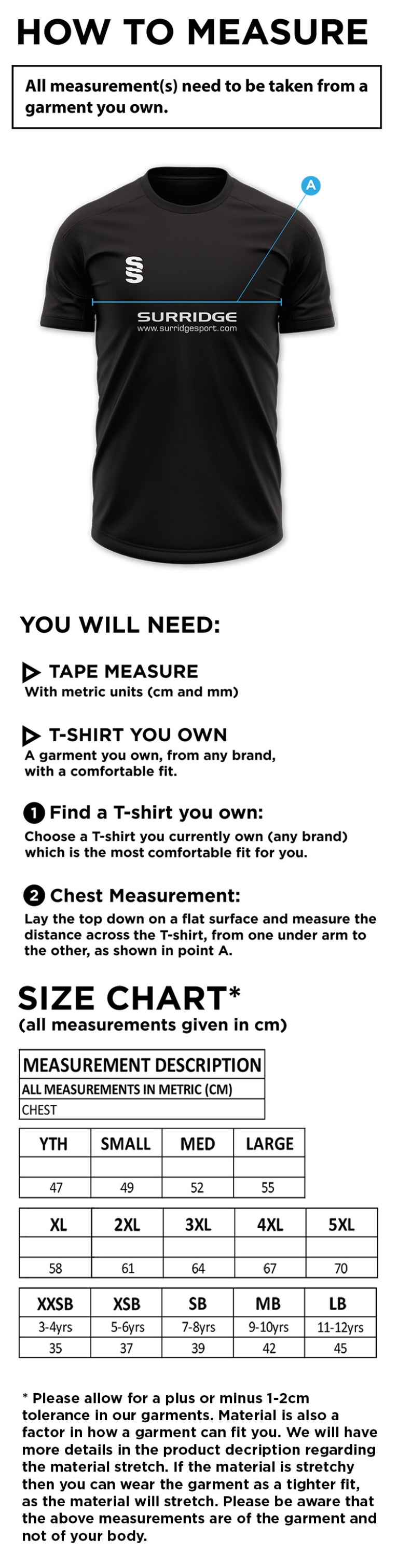 Robertsbridge CC - Dual Games Shirt - Size Guide