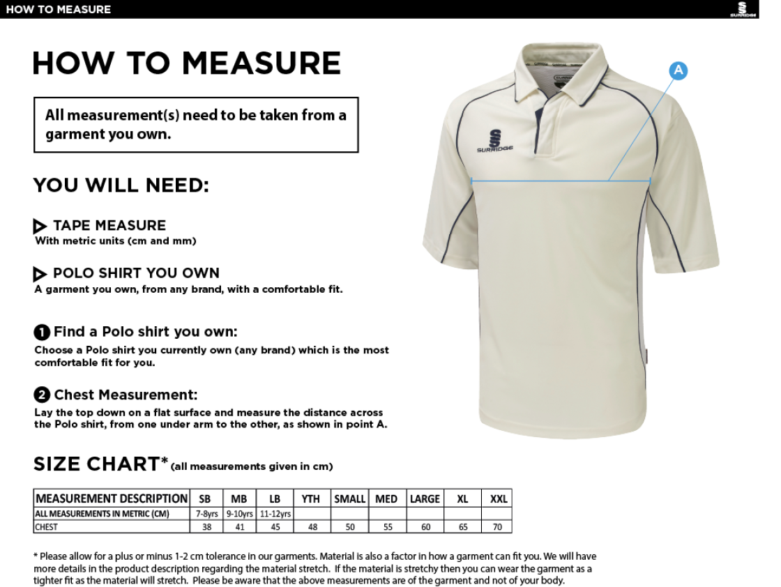 Robertsbridge CC - Premier 3/4 Sleeved Cricket Shirt - Size Guide