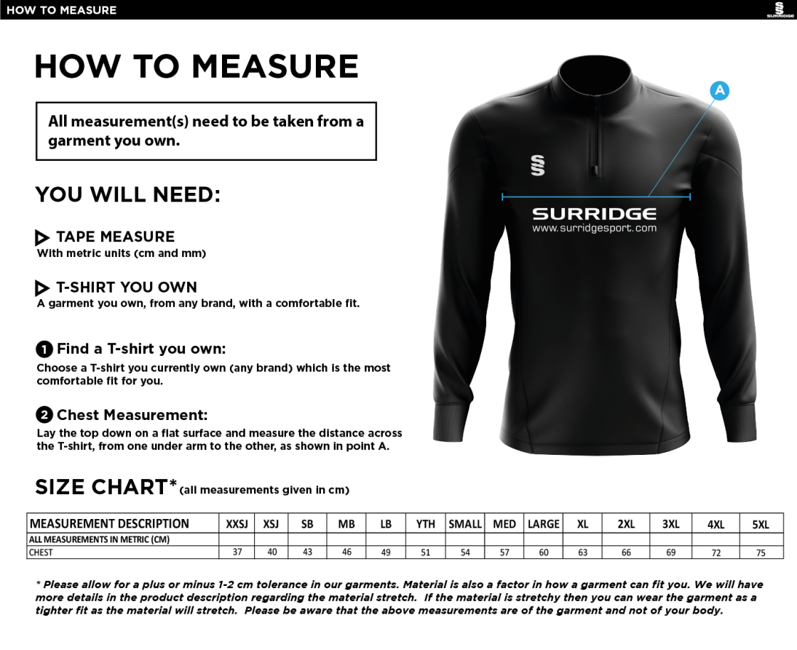 Robertsbridge CC - 1/4 Zip Dual Performance Top - Size Guide