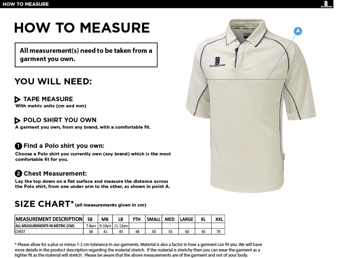 Robertsbridge CC - Premier 3/4 Sleeved Cricket Shirt - Size Guide