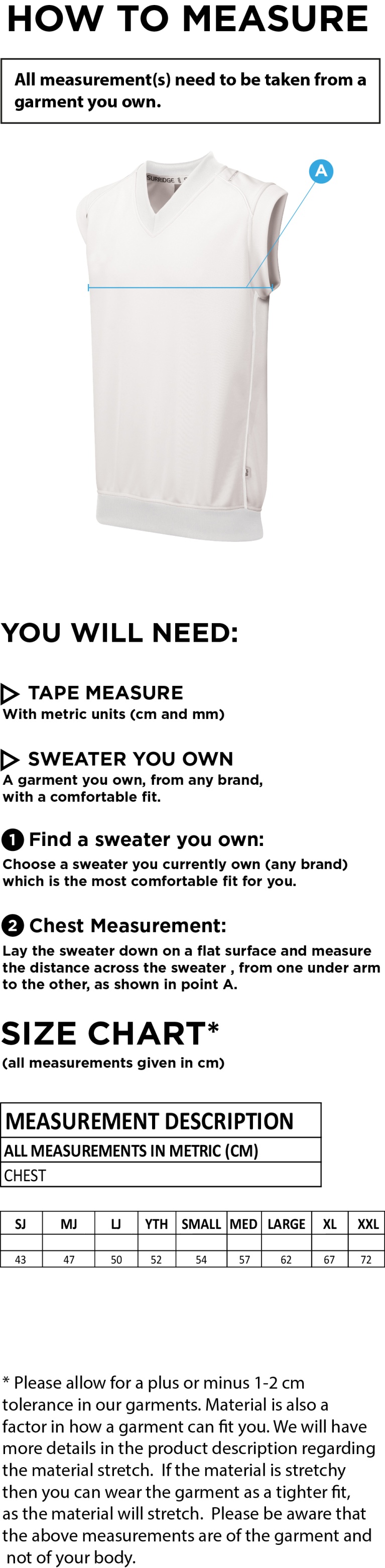 Robertsbridge CC - Sleeveless Sweater - Size Guide