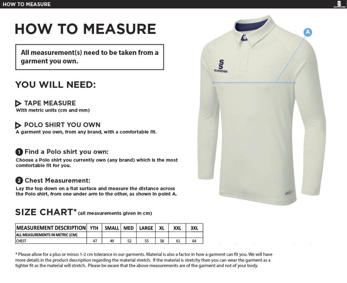 Robertsbridge CC - Long Sleeved Dual Shirt - Size Guide