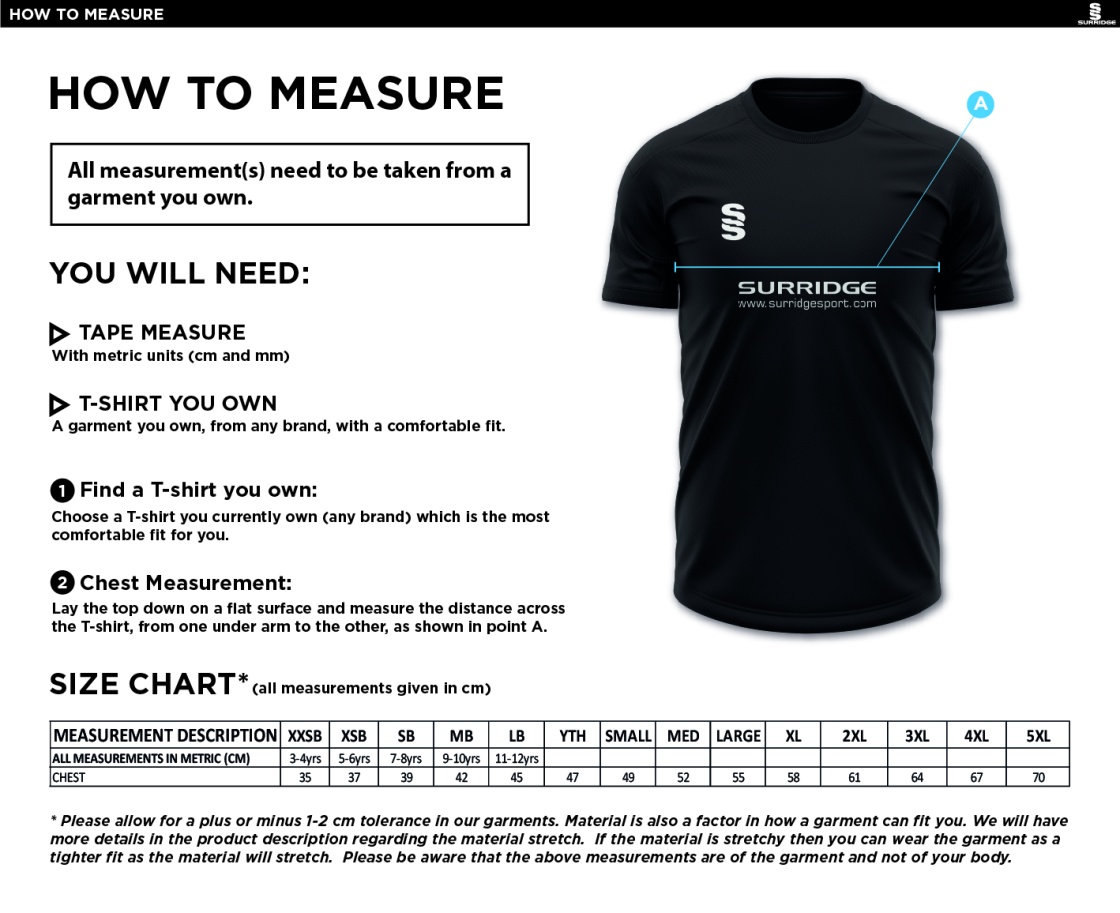 Robertsbridge CC - Dual Solid Colour Polo - Size Guide