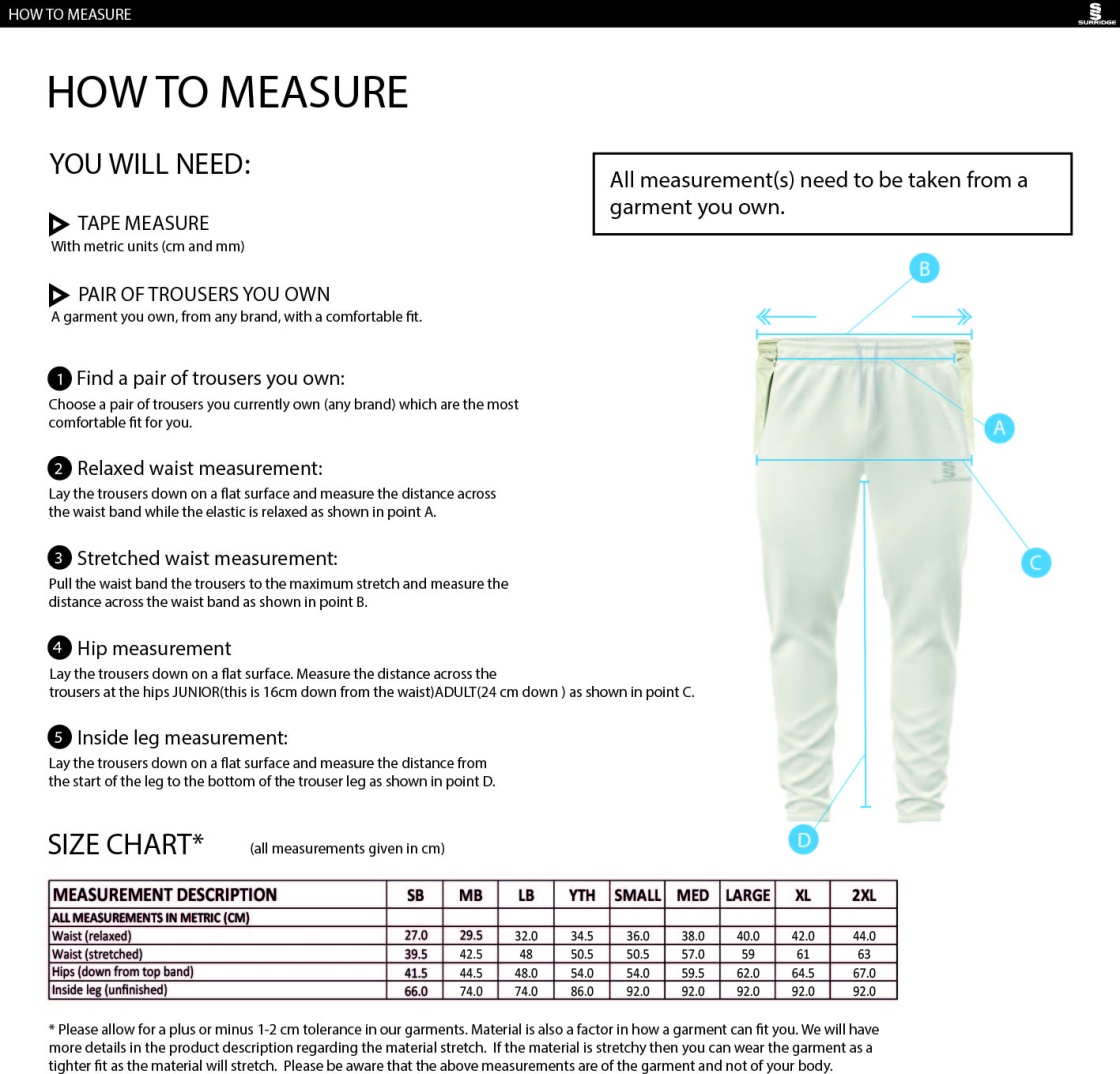 Robertsbridge CC - Tek Playing Pants - Size Guide