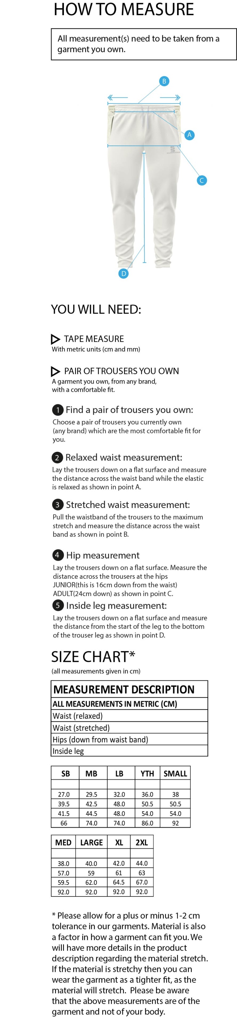 Robertsbridge CC - Tek Playing Pants - Size Guide