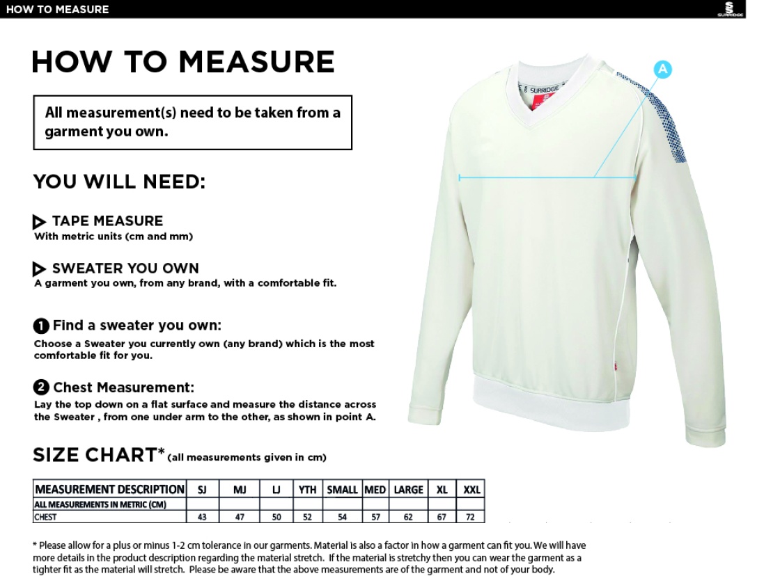 Robertsbridge CC - Long Sleeved Dual Sweater - Size Guide